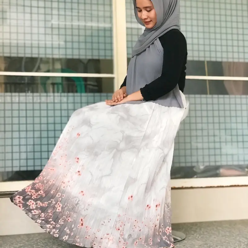 Alena skirt -ROK PLISKET Motif ceruty babydoll heavy cifhon exlusive pinggang full Karet bawahan androk prisket motip bunga hitam putih Muslim Wanita dewasa 0