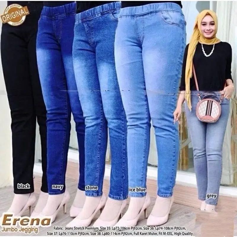 Celana Legging Jeans Wanita Pinggang karet - Jeans legging pinggang Full karet nyaman melar polos hitam soft tebal Panjang