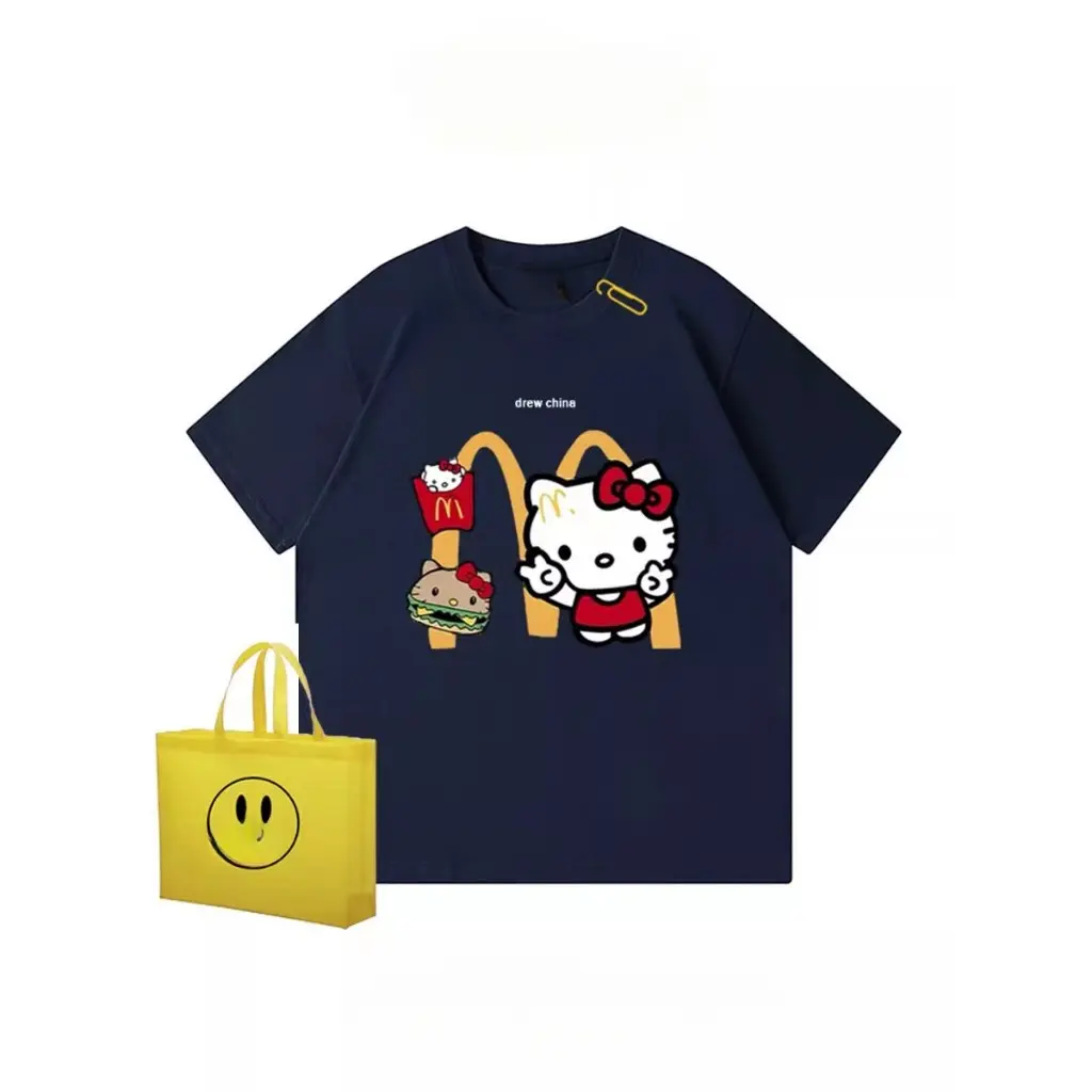 Áo Thun Ngắn Tay Kitty Kitty, Thương Hiệu Co Hợp Xu hướng BKMK, Unisex, Phong Cách Thường Ngày Dáng Rộng Vừa Vặn, Làm Bằng Bông