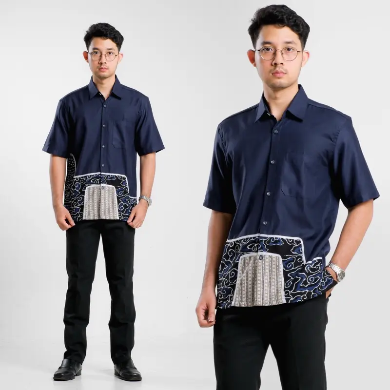 Kemeja Batik Pria Katun Lengan Pendek Casual Kombinasi Motif Modern Baju Kantor Muslim Koko 1