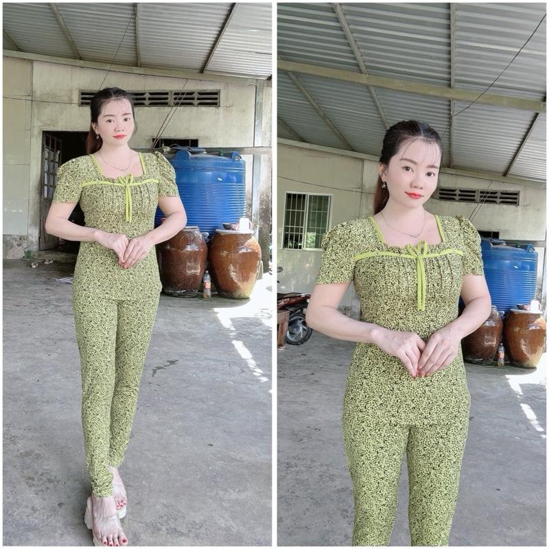 Ong Bộ Thun Aty Tơ Cỗ Vuông Viền Màu Tay Phồng Quần Dài Ống Nhỏ Size 12345 Nữ Women Chất Liệu Co Giãn Thoáng Mát Có Hai Túi Hai Bên Quần Lưng Cao