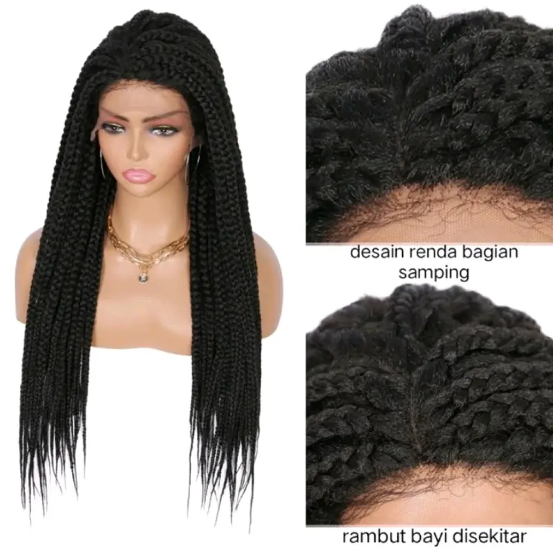 Wig Wanita Rambut Kepang Panjang Model Wanita Amerika Afrika Wig Wanita Lace Front Kepang Panjang 70 Cm 6