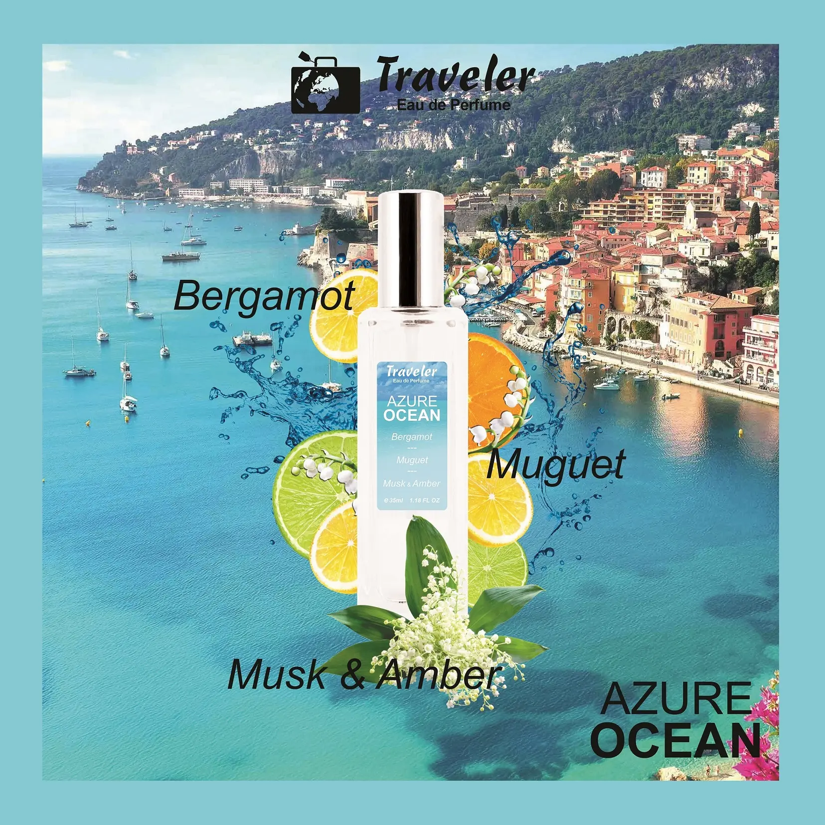 [ Parfum Halal ] Traveler Azure Ocean EdP Eau de Perfume Fresh Bunga Floral Tahan Lama Elegant Wanita Pria Cewe Cowo Laki Unisex Best Seller Parfume Long Lasting 35ml BPOM | Wangi Laut Pantai Citrus Bergamot Muguet Melati Musk Peach Mawar