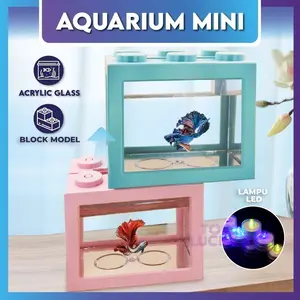 Aquarium Cupang Estetik Mini 12x8cm Akrilik Block Akuarium Ikan Hias Cupang Emas Kura-kura Kotak Hewan Kandang DIY