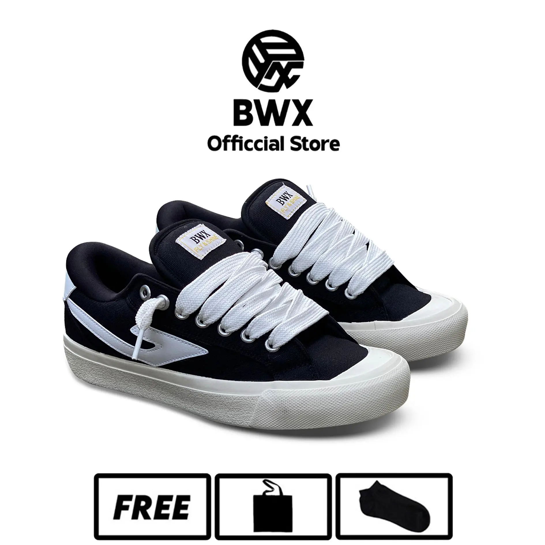 BWX - Sepatu Sneakers Casual Bwx Gemuk Vulen 01 Black White Kanvas Shoes sepatu  lokal brand Canvas Pria Snekers Hitam cowok skena Wanita keren