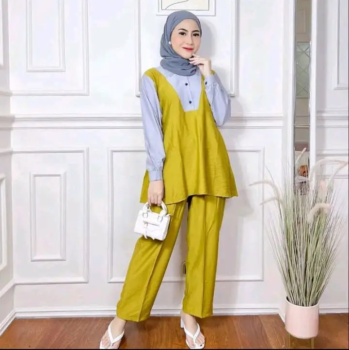Setelan Celana Wanita Dewasa Jumbo Busui Stella One Set Crinkle Air Flow Premium - Kancing, Airflow, Rayon, Katun, Remaja, Kulot, Baju, Panjang, Linen, Atasan Nyaman oneset kekinian