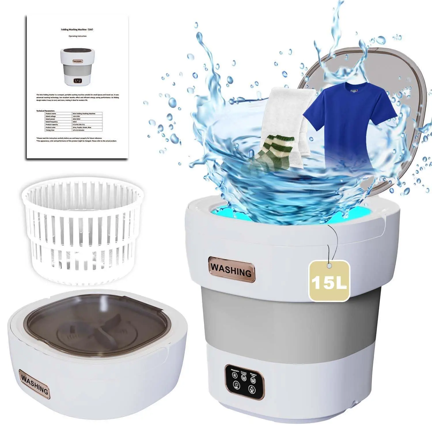 Portable Washing Machine, 15L 2.1kg 2 in 1 Mini Washing Machine and Dryer, Lavadora Portatil with 3 Cleaning Modes for Baby Clothes, Underwear, Camping, RV, Travel