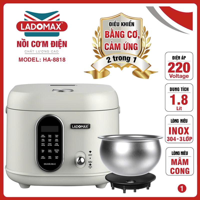  Nồi cơm điện tay xách thông minh Ladomax HA 8818 dung tích 1.8L công suất 860W lồng niêu inox 304 chống dính hẹn giờ 24h bảo hành 12 tháng 