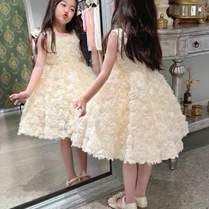 (Form to) Váy công chúa hoa hồng kết 3D xinh lung linh mềm mại cho bé gái điệu đà