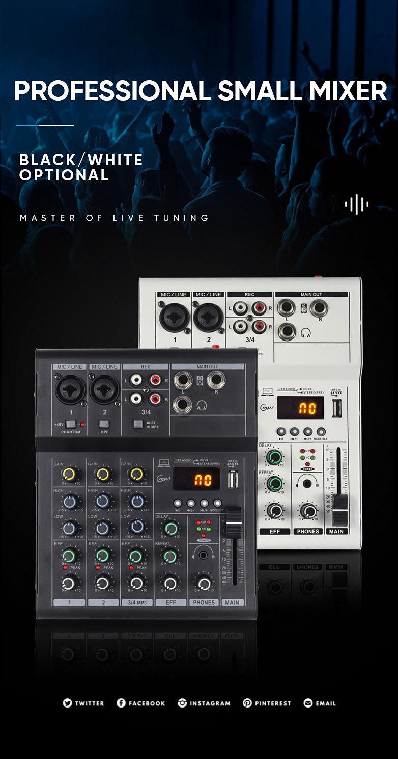 Product Introduction of LX01 4 kênh, chuyên nghiệp, nhỏ, bluetooth, máy trộn, với hiệu ứng âm vang, sử dụng tại nhà, karaoke, sân khấu, biểu diễn, đám cưới, hội nghị, bộ khuếch đại Mixer 5