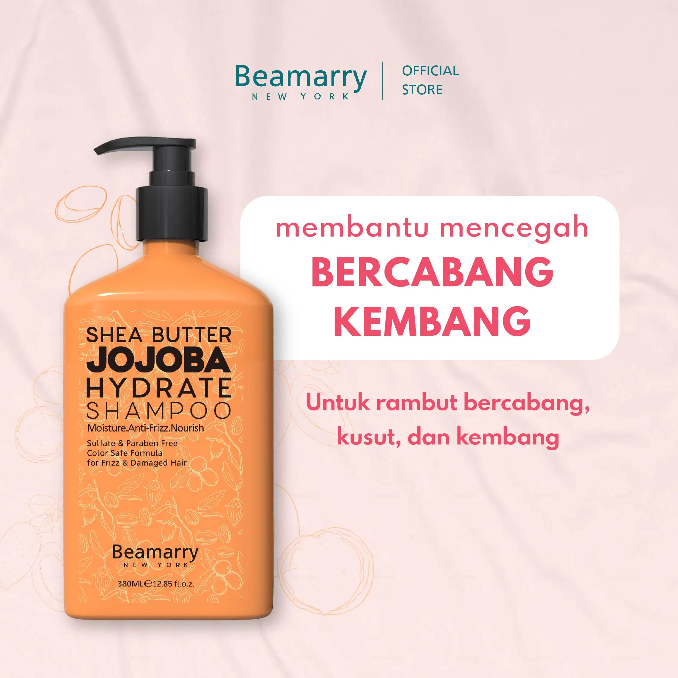 Beamarry Hair Care | Shampoo Shea Butter Jojoba Hydrate 380ml | Anti Kusut, Anti Belang, Antik Rontok, Anti Lepek, Oil Control, Pori - Pori Sehat.