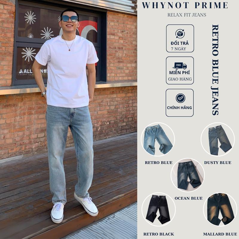 PHIÊN BẢN CAO CẤP Quần Jean Nam Ống Suông Rộng Màu Xanh WHYNOT PRIME Wash Phong Cách Retro JBGWTG