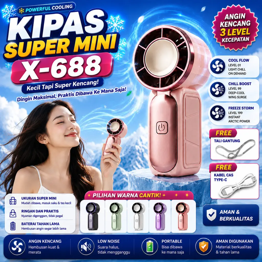 Kipas Turbo X688 Mini Portable Turbo 100 Speed Kipas Genggam Angin Kencang USB Rechargeable
