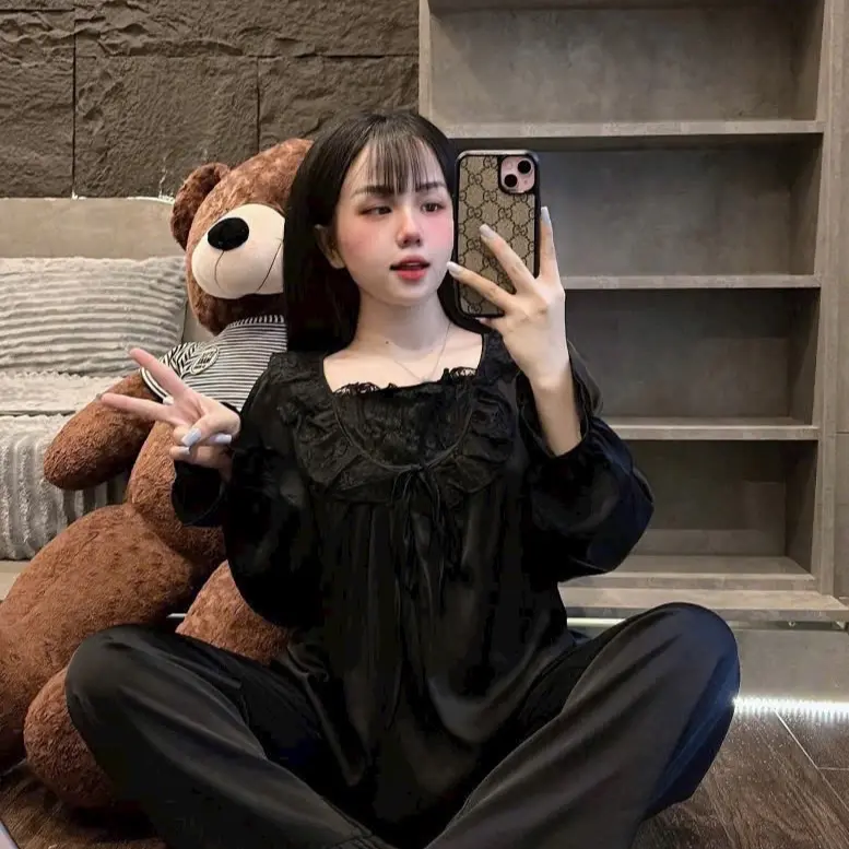 Bộ ngủ tiểu thư phối voan babydoll Tay dài - Quần dài cho nữ từ 40-60kg 5