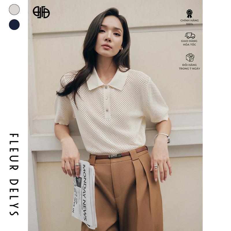 Áo Len Ngắn Tay Nữ Fleurdelys Basic Có Cổ Form Vừa 2 Màu Be Xanh Than DLAL187