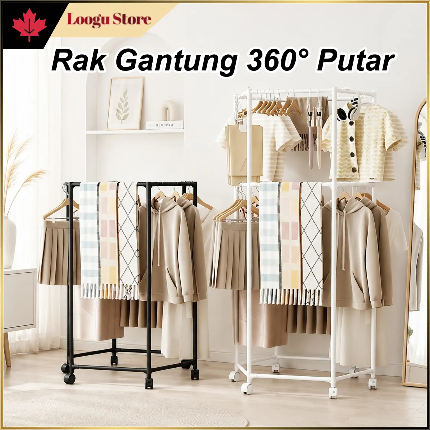 LOOGU COD Rak Gantungan Baju 360° Putar Serbaguna | Rak Jemuran Lipat Stainless Praktis untuk Kos & Rumah Kecil, Gantung Pakaian, Celana, Handuk & Sepatu