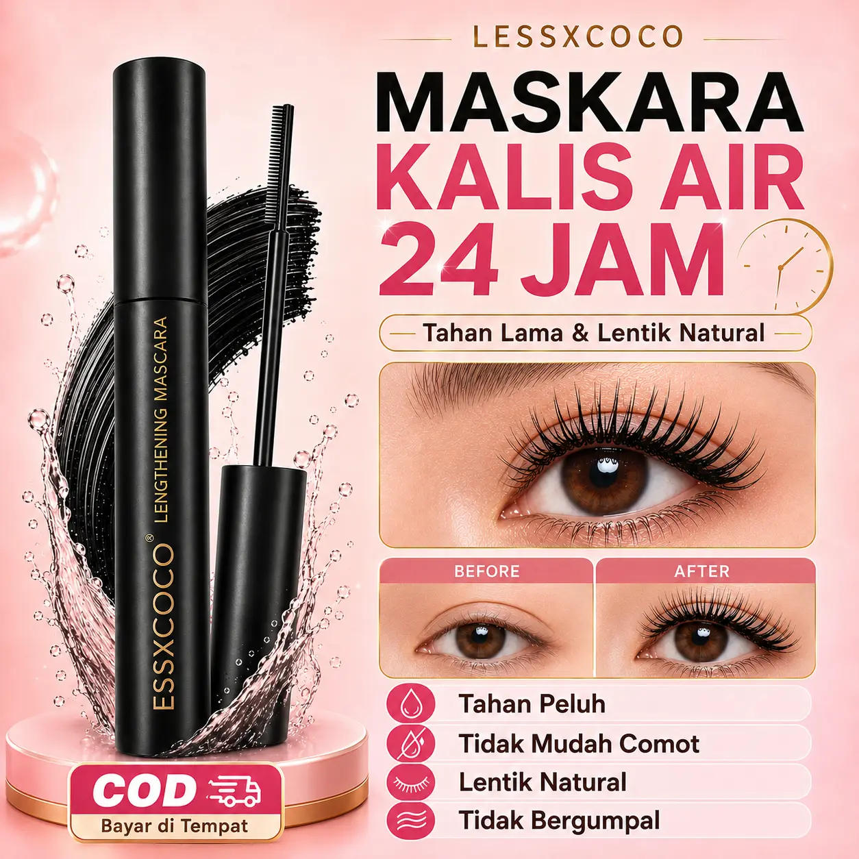 Terlaris! LESSXCOCO Maskara Hitam Waterproof 24H, Tahan Keringat & Anti Luntur, Lentik Natural, Tidak Menggumpal, Long Lasting Mascara | COD