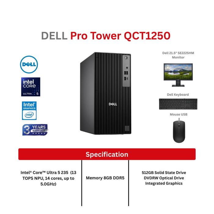 Gambar PC Dell Pro Tower QCT1250 Intel Core Ultra 5 235 8GB DDR5/512GB SSD Windows 11 Pro - 8GB/512GB SSD dari ZX COMPUTER Kota Administrasi Jakarta Pusat Tokopedia