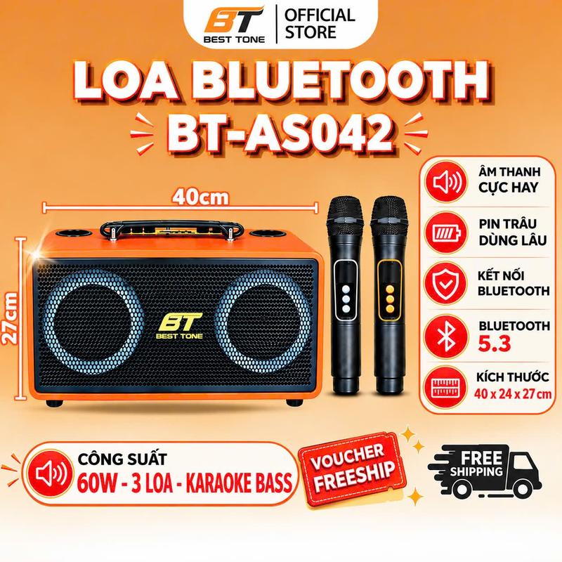 Loa Bluetooth Karaoke BT-AS042 -Âm thanh sống động, Kết nối bluetooth tiện lợi, Đa dạng cổng kết nối, Kèm 2 micro không dây, Phù hợp hát ngoài trời, Karaoke tại gia