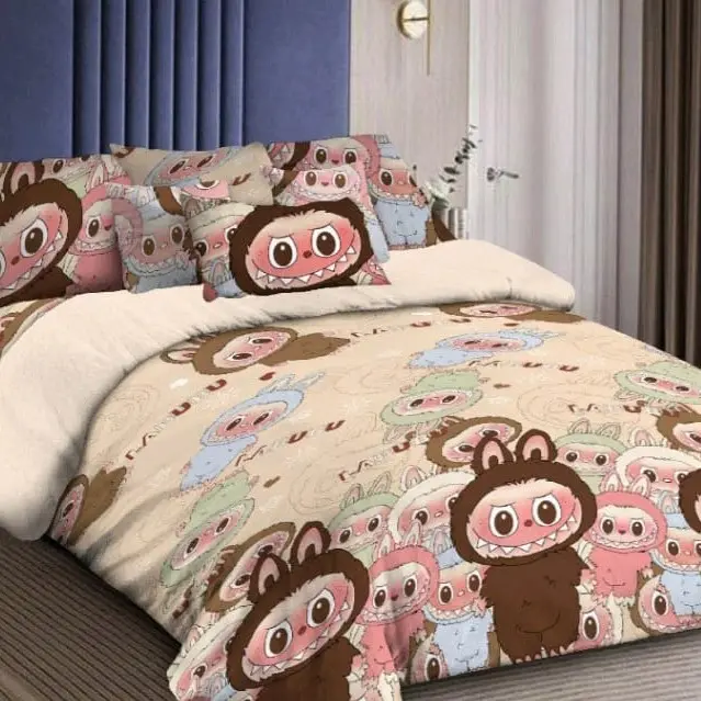 Sprei Labubu/ Sprei Viral Tinggi 30cm Bahan Katun Mikrotex Disperse Halus, Sudah 1 set dengan Sarung Bantal dan Guling, Ada Karet Disetiap Sisinya