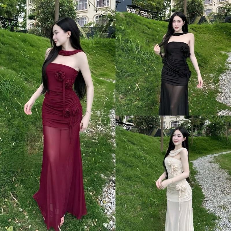 Váy Maxi Dáng Dài Nàng Thơ Sang Trọng Đầm Body Trễ Vai Dáng Dài Phối Hoa Chân Váy Xoè Đuôi Cá Đi Tiệc Sang Trọng Đi Đám Cưới ôm