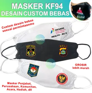 Masker kf94 custom logo nama tulisan gambar tni polri terbaru polisi bumn kai dishub kondangan no hijab earloop kf 94 kesehatan disposable 4 ply lapis 4d 3d warna warni hitam putih dewasa print sablon cetak convex no headloop kn95 kain duckbill mouson isi