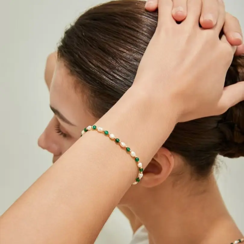 S925 Sterling Silver Vintage Gold Natural Stone and Pearl Bracelet and Necklace,Gift Box Set,Casual and Versatile.