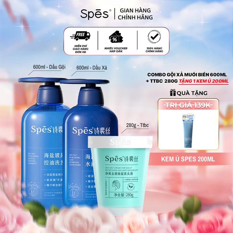 Combo Dầu Gội Xả SPES Axit Hyaluronic + Tẩy Tế Bào Chết Da Dầu Muối Biển Kiềm Dầu, Dưỡng Ẩm Cho Tóc Khô Và Phục Hồi Hư Tổn 600ml