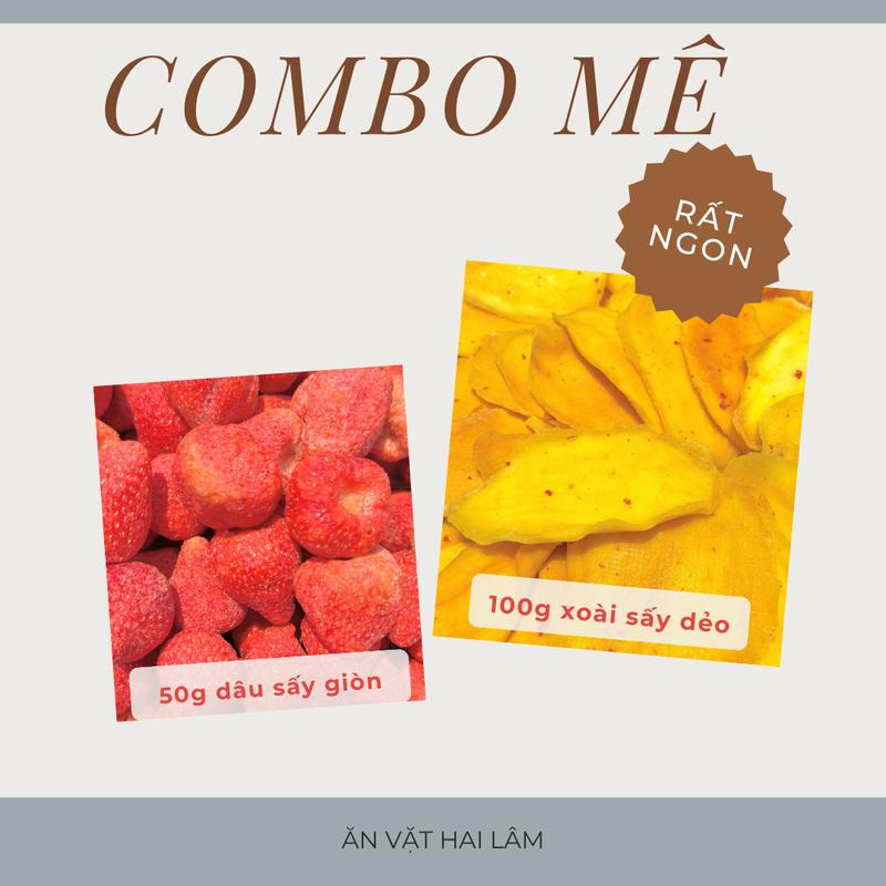   LIVE  CB 150g gồm: 50g Dâu Tây Sấy Khô Giòn Nguyên Trái to và 100g Xoài Sấy Dẻo Muối Ớt Chua 7 Ngọt 3 Ăn Vặt Ngon Trái Cây sấy 