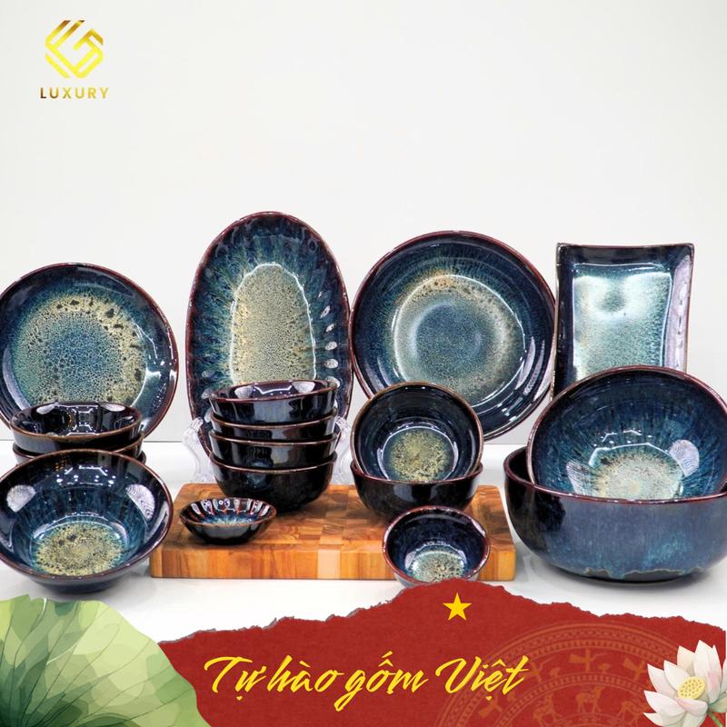 Combo Mâm Bát Đĩa cho 10 Người Men Hoả Biến Bát Tràng - Gốm sứ Luxury
