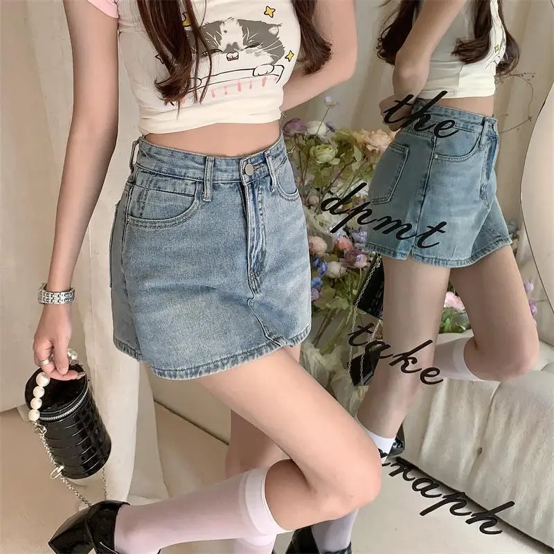 Plus Size 25-40 Korean High Waist A-line Denim Skort Skirt Women Fashion Mini Skirt Jeans Shorts for Women Clothes Womenswear