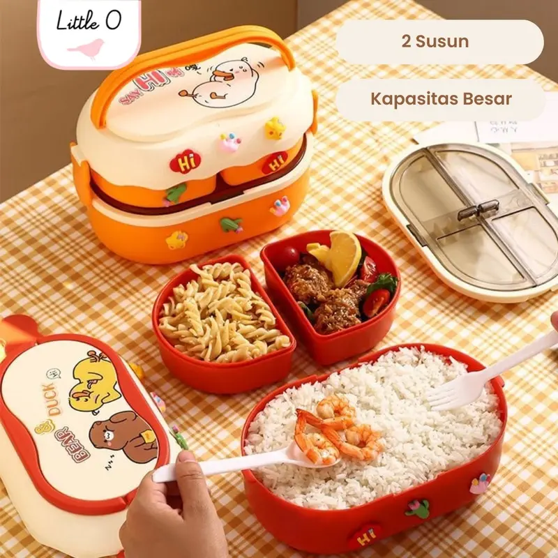 Little O BEAR DUCK 2 layers lunch box set with cutlery tempat bekal dua susun kotak bekal anak tempat bekal karakter kotak bekal murah 2