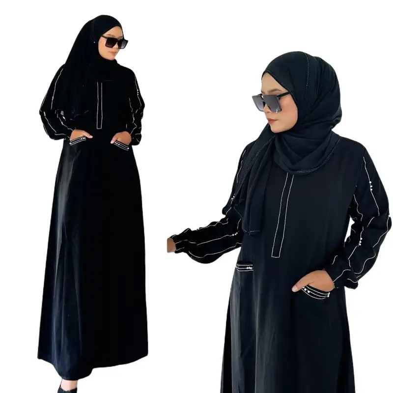 Abaya Gamis Remaja Simple Dress Hitam Mutiara Adya Mom and Kids Muslim Wanita Dewasa Bordir Mewah Arab Renda Turki Syari Kombinasi Putih 0