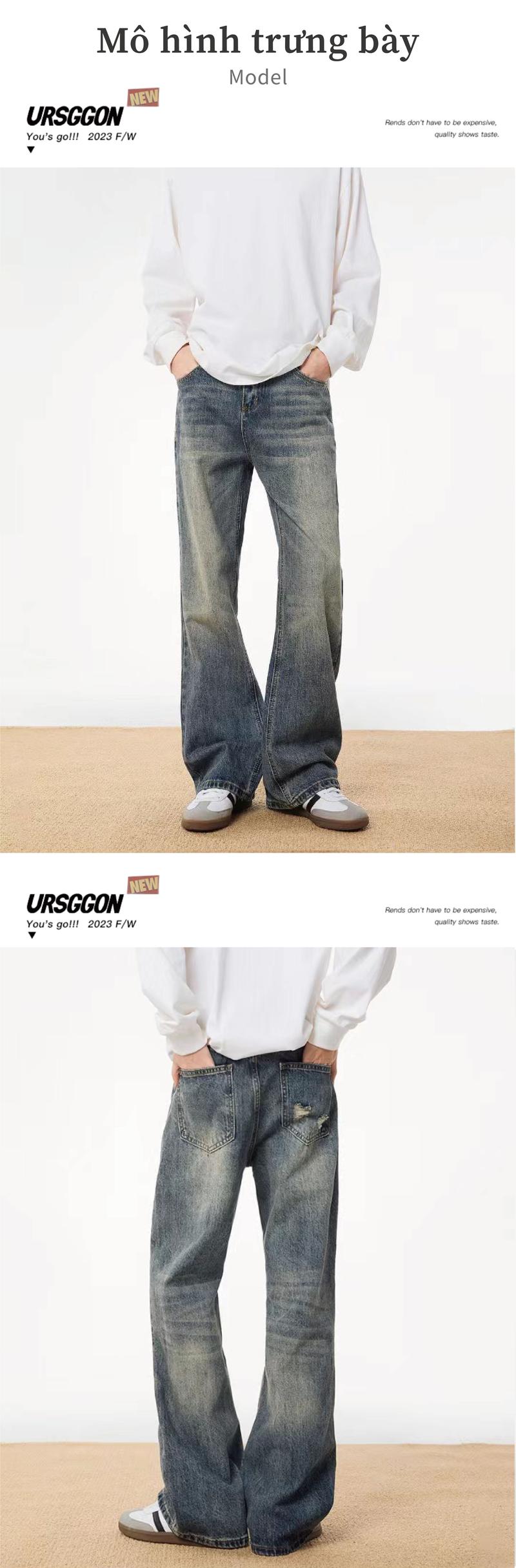 Product Introduction of Quần Thường Ngày Denim Làm Cũ, URSGGON, Phong Cách Cổ Điển Mỹ, Thêu Khâu Ngẫu Nhiên, Ống Loe Siêu Nhỏ Thư Giãn, Dành Cho Nam Và Nữ, Rằn Ri Hoàng Hôn, URS-UG3003 4