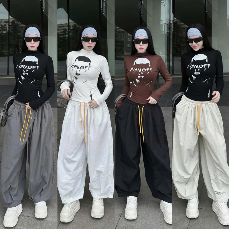  Set Áo Thun Dài Tay In Hình + Quần Ống Rộng  Form Rộng Oversize  Nhiều Màu- Phong Cách Thời Trang Trẻ Trung Tôn Dáng 