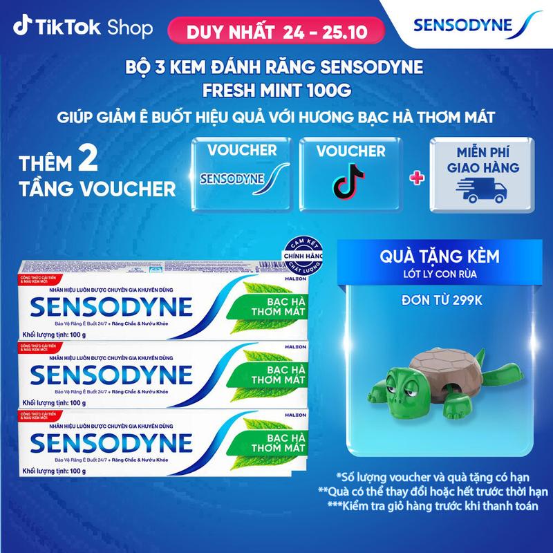 Bộ 3 kem đánh răng SENSODYNE Fresh Mint 100g giúp giảm ê buốt hiệu quả với hương bạc hà thơm mát