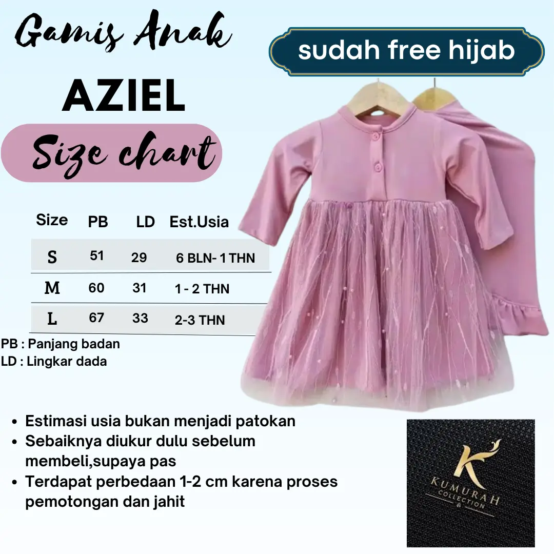 GAMIS ANAK SYAR'I AZIEL TILE TULLE BROKAT DRES KIDS NEWBORN FREE JILBAB Muslim Mutiara Syari Panjang Baju Lebaran