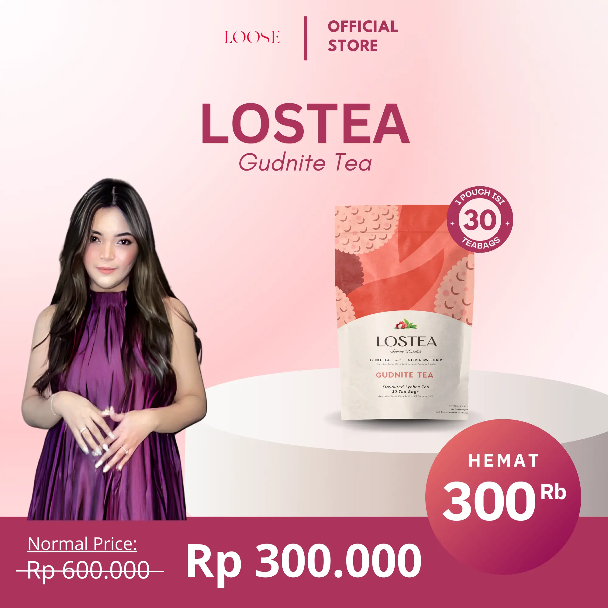 Loose Beauty - LOSTEA x SYAIMA SALSABILA 30 Days Premium Lychee Tea For Detox With Stevia Sweetener
