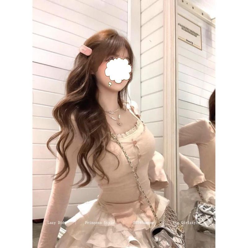 Bộ Váy 3 Món, Bộ Mới Mùa Xuân Và Mùa Thu, Áo Cardigan Dài Tay 2024, Dễ Thương Và Gợi Cảm, Áo Thun Có Dây Đeo Váy Bánh Cạp Cao Nữ Women 2