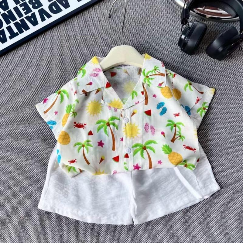 [ Linh An kids] Set đi biển đũi tơ hoạ tiết cây dừa sắc màu tươi mát mùa hè cho bé trai , phong cách vintage,mềm mát mặc đi học, đi chơi, đi biển sz 7-30 1
