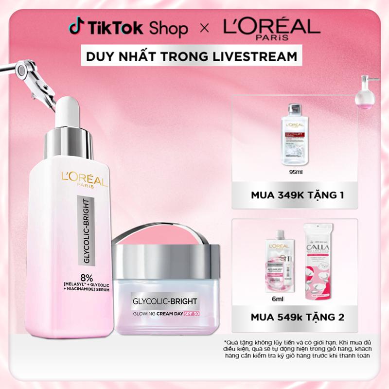 Bộ chăm sóc hỗ trợ dưỡng sáng da mờ thâm nám L'oreal Paris Serum Glycolic melasyl 8% 30ml & Kem ngày Glycolic Bright 50ml