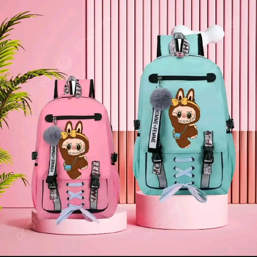 DWI BAG Tas Ransel Kekinian Korea dengan Kantong dan Ruang Penyimpanan Banyak Tas Pita Tengah untuk Anak-anak Perempuan laki laki- Kanvas Wanita Backpack Sekolah Fashion