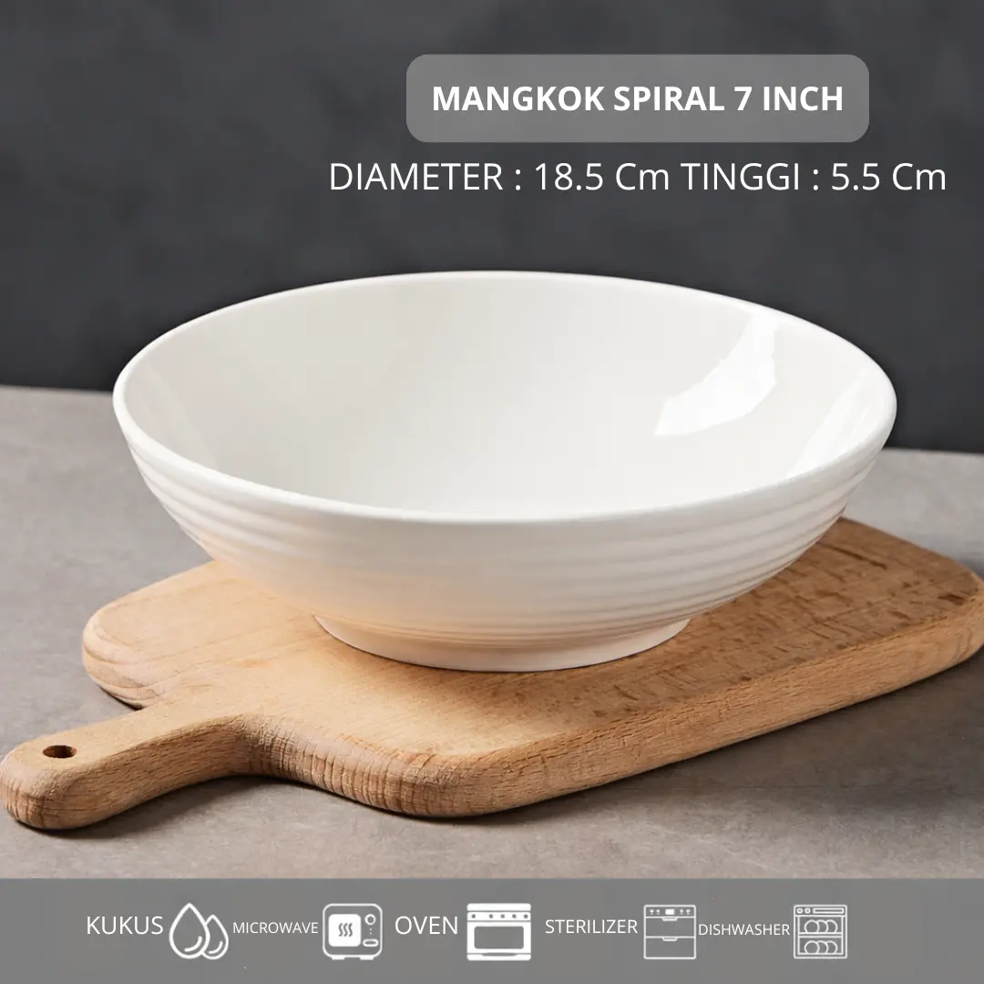 LIVERIA Mangkok Keramik Putih 7 Inch Spiral Textured Premium Tahan Panas & Microwave