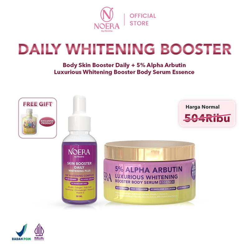 Noera Paket Day & Night Whitening Booster | 5% ALPHA ARBUTIN Luxurious Whitening Booster Body Serum Essence, Body Skin Booster Daily & Night l Free Handcream Acid Extract 1