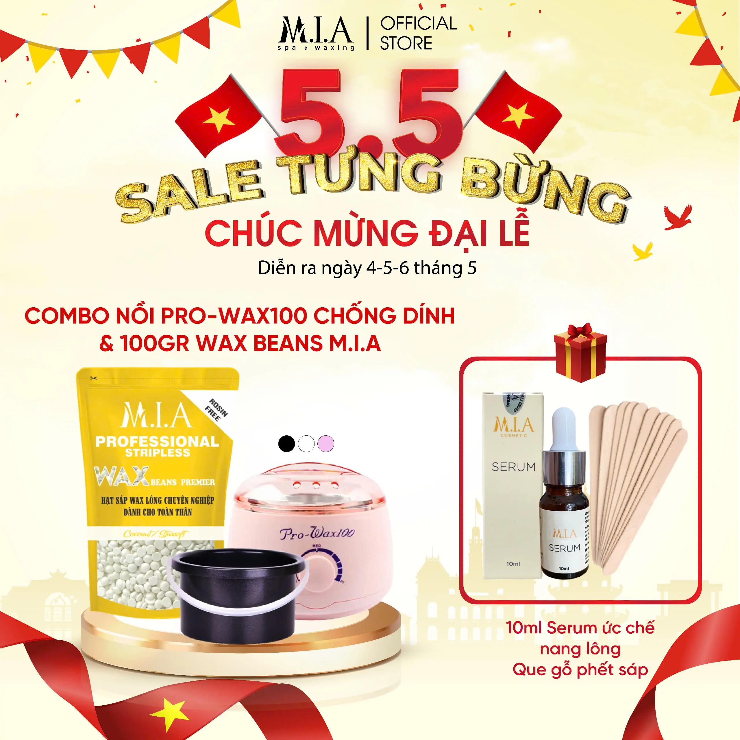 [Tặng serum + que gỗ ] Combo 100gr sáp wax lông và nồi chống dính pro wax 100 MIA WAXING tặng 10ml serum hỗ trợ ức chế nang. lông, wax nách tay chân, wax bikini, wax râu