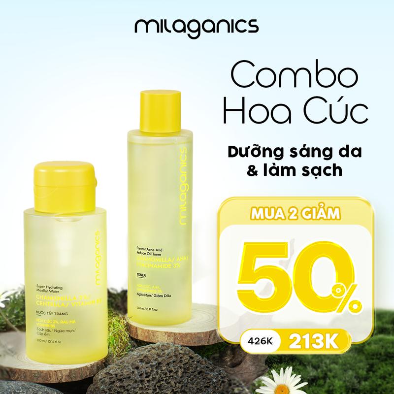 [MUA 2 GIẢM 50%] Combo Toner Hoa Cúc & Nước Tẩy Trang MILAGANICS Dưỡng Sáng Da Hỗ Trợ Ngừa Mụn Và Làm Sạch Cân Bằng Độ Ẩm Cho Da - Toner Dưỡng Trắng Da 3% Niacinamide 5% AHA Giúp kiểm Soát Dầu Mụn Dành Cho Mọi Loại Da Khô Skincare