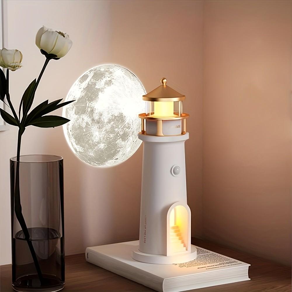 Month Moonlight Lighthouse Projector Lamp, Night Light with Motion Sensor, Smart Bedside Lamp for Bedroom, LED Moonlight Projection Ambient Light, Ceiling Wall Decorative Lamp, Removable Base for Bedroom, Holiday Gift