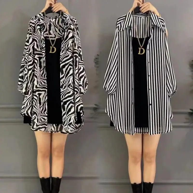 European Goods Fashionable Stylish Shirt + Sling Bottoming Shirt Spring and Summer New Large Size Women's Clothing Plump Girls Two-Piece Suit Fashion