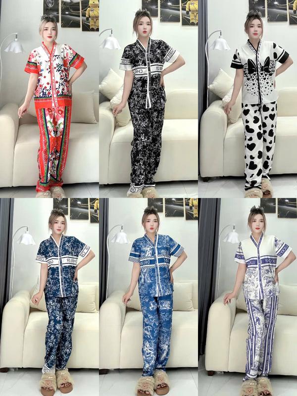 Đồ Bộ Cổ Y - Bộ PIJAMA Tay Ngắn Lụa Van Go Hoạ Tiết Mỹ Hân Store Fullsize Dưới 75kg