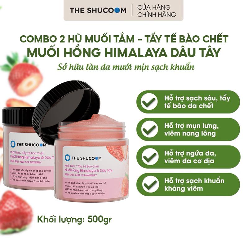[Combo 2 Hũ] Muối Tắm - Tẩy Tế Bào Chết Muối Hồng Himalaya Dâu Tây 500g The Shucoom Hỗ Trợ Giảm Mụn Lưng, Viêm Nang Lông, Không Chứa Silicon, TTBC Hữu Cơ Dưỡng Body Nữ, Nam